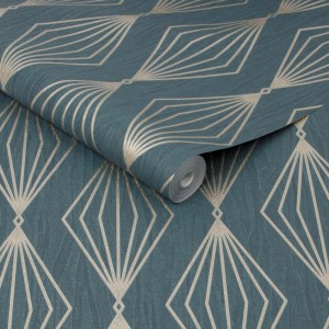 Boutique Vliestapete Marquise Geo Ermald mit geometrischem Muster in Petrol und Gold.