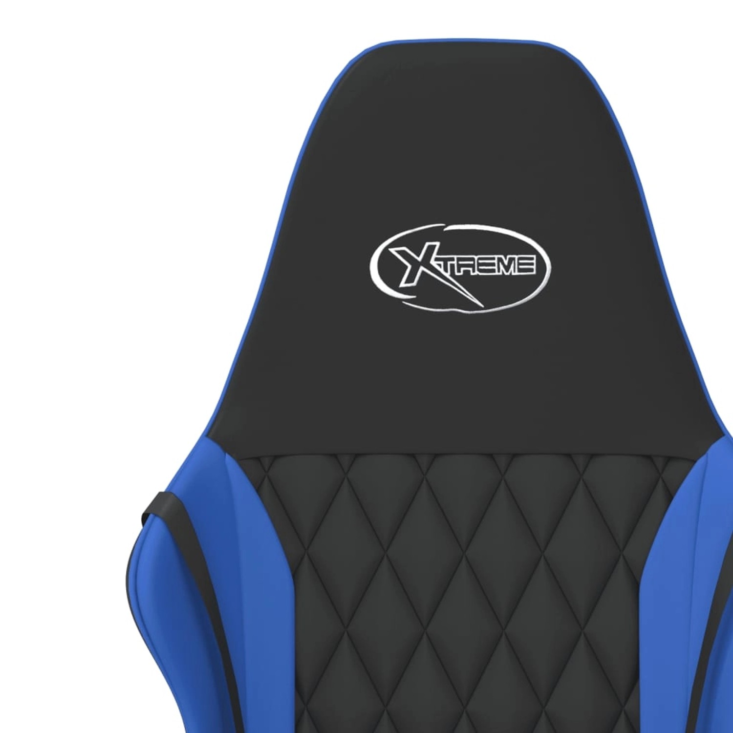 Detailansicht: Schwarzer und blauer Gaming-Stuhl mit Massagefunktion und Xtreme Logo.