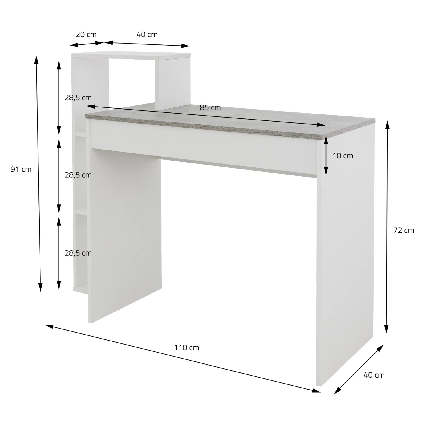 ML-Design Schreibtisch mit Regal, Beton-Optik, 110x72x40cm, Holz, weiß. Praktischer Computertisch für Büro und Arbeitszimmer.