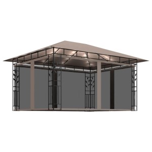 Taupe Pavillon 4x3m mit Moskitonetz, LED-Lichterkette für Garten & Terrasse.