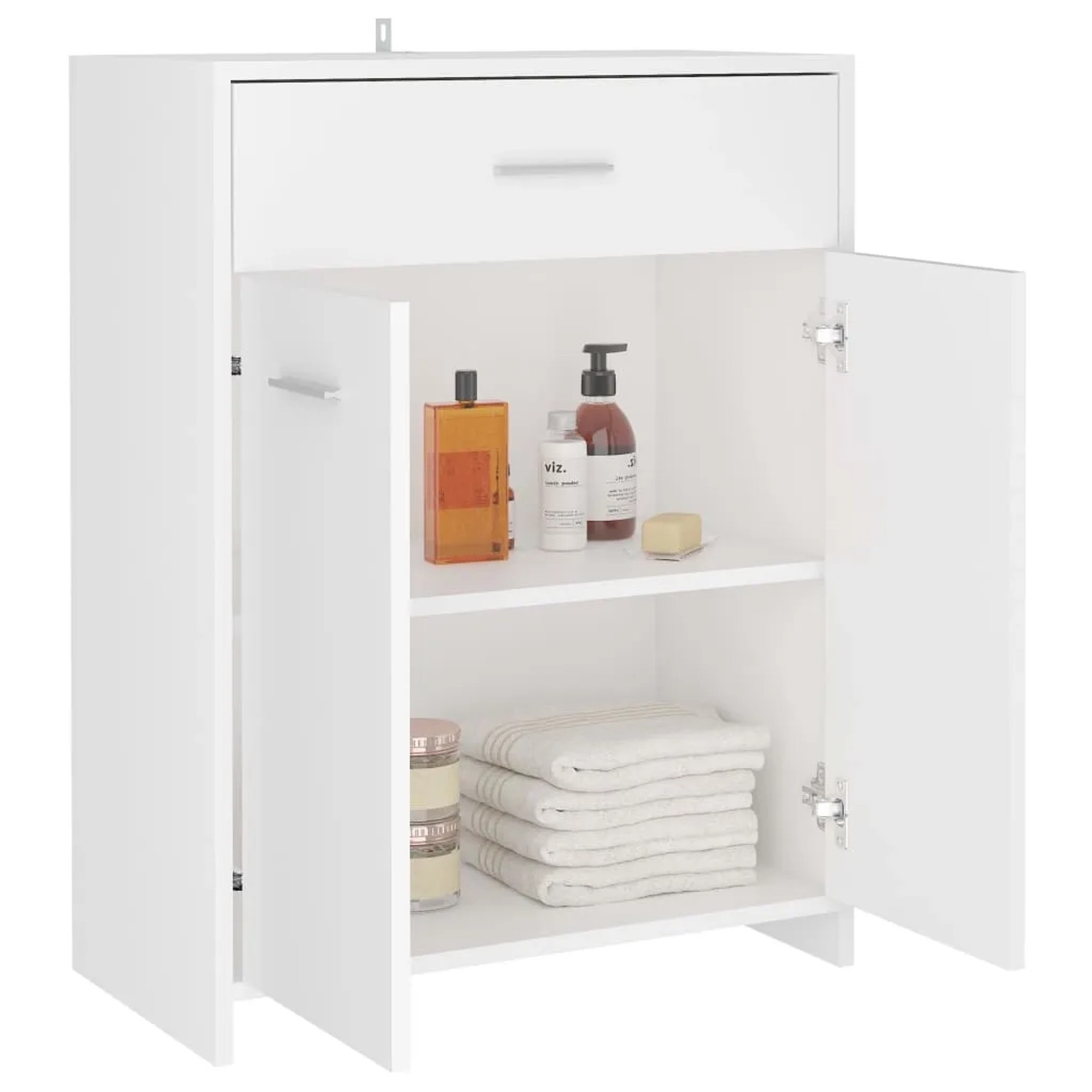 Weißer vidaXL Badezimmerschrank (60x33x80 cm) aus Holzwerkstoff mit offenem Fach und Schublade.