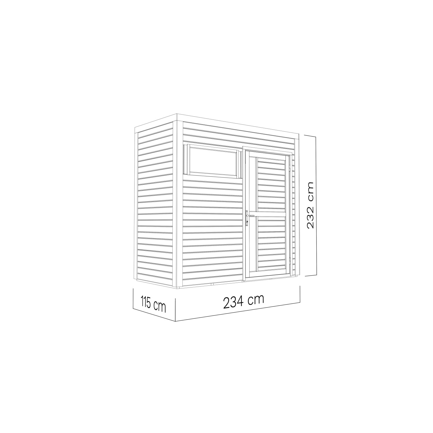 Illustration des hellgrauen Bertilo Holz-Gartenhauses Cubus 1 (234x115cm) mit Tür und Fenster.