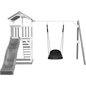 Axi Beach Tower Spielturm mit Nestschaukel und Rutsche, grau/weiß. Spielanlage aus Holz mit Schaukel.