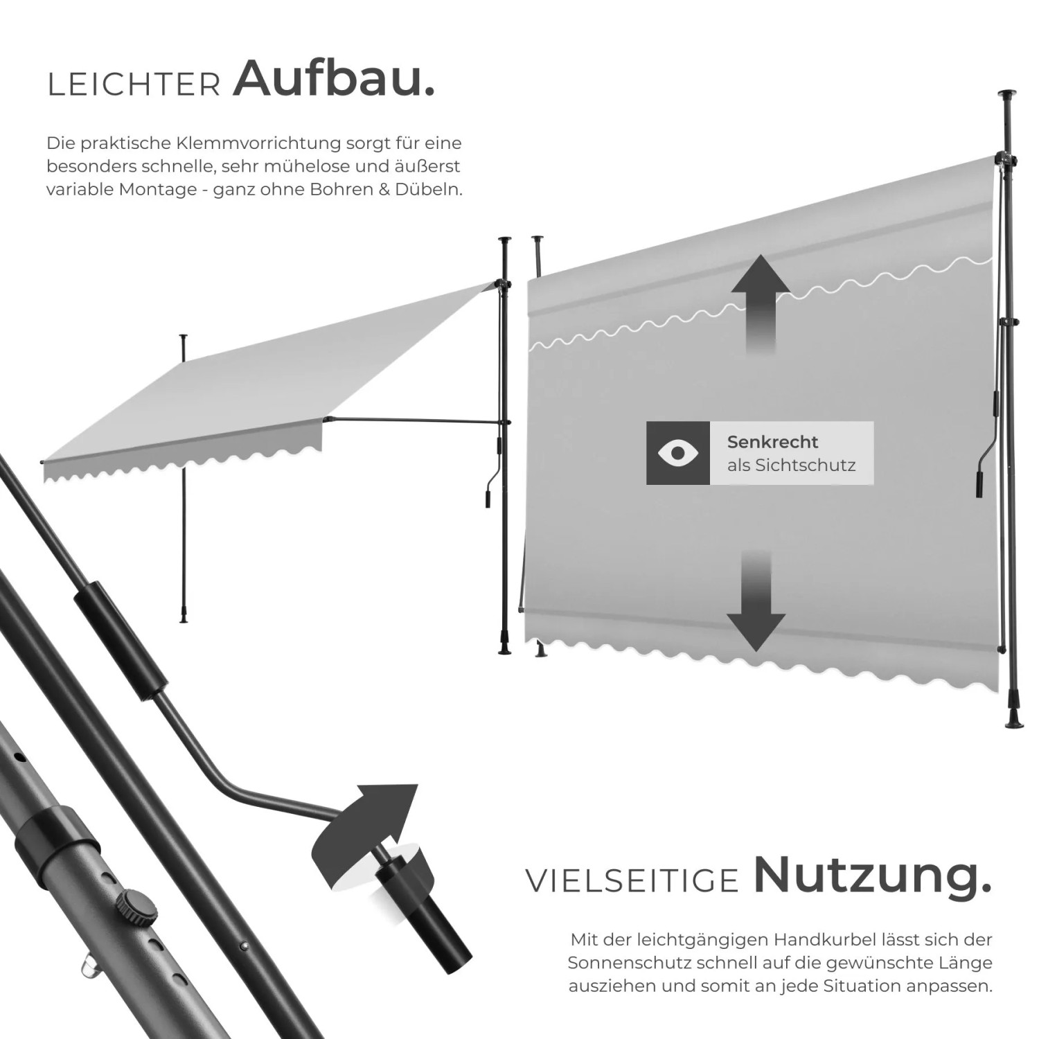 Hellgraue Tectake Klemmmarkise mit Handkurbel. Zeigt einfache Montage, UV-Schutz und Nutzung als vertikaler Sichtschutz.