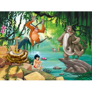 Disney Fototapete Dschungelbuch mit Mogli, Balu und Shir Khan in grüner Dschungel-Szene.