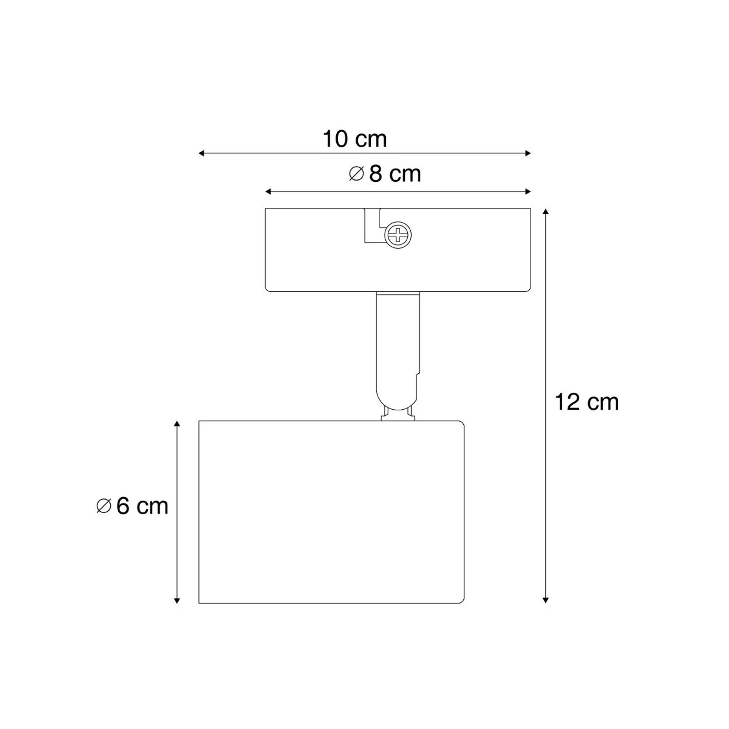 Technische Zeichnung des weißen QAZQA Jeana Deckenstrahlers. Maße: 12 cm hoch, 10 cm breit, Ø 8 cm Montageplatte.