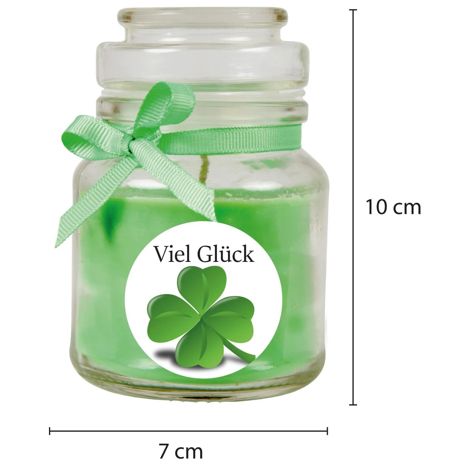 Grüne Duftkerze "Viel Glück" im Glas mit Kokosduft, verziert mit Schleife.