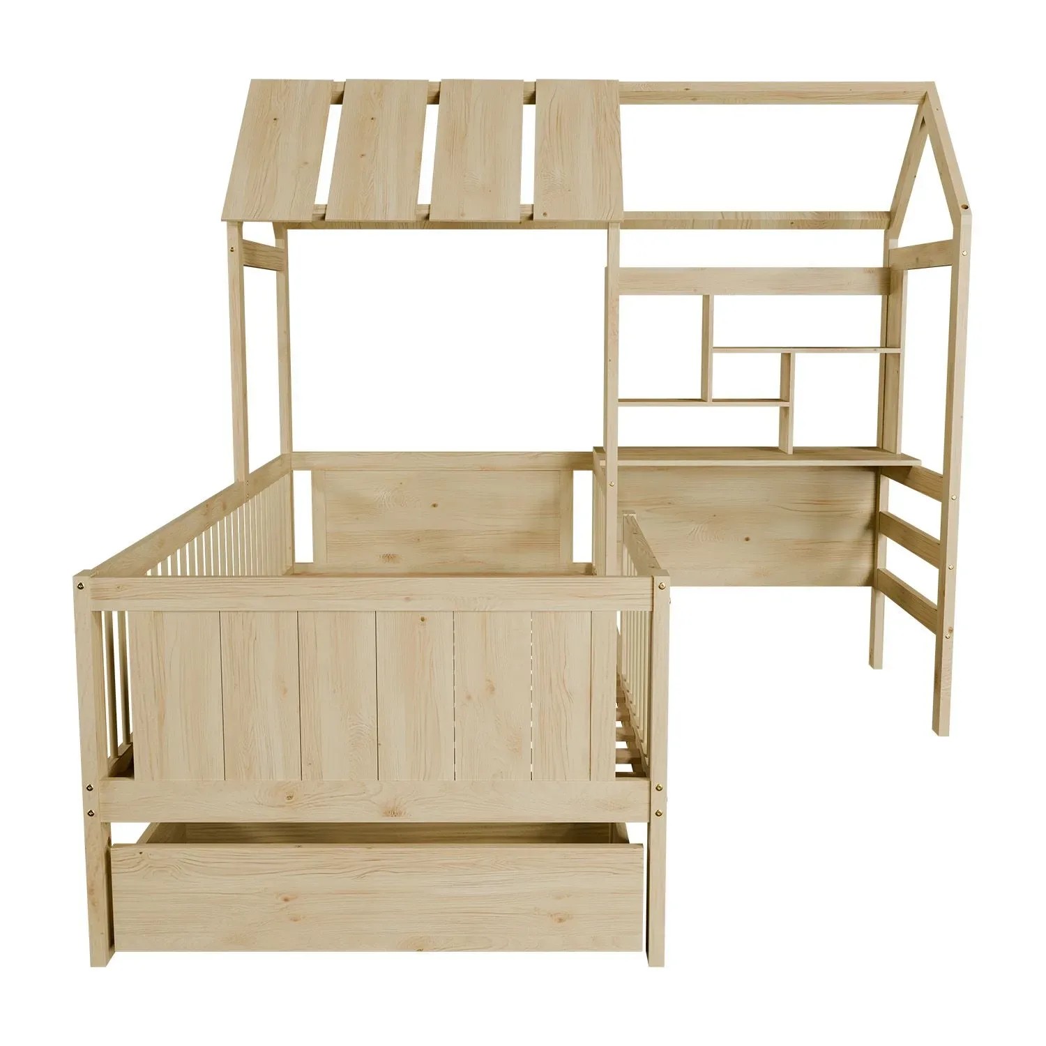 Juskys Kinderbett Yari 90x200 cm Natur mit Schreibtisch und Schublade.