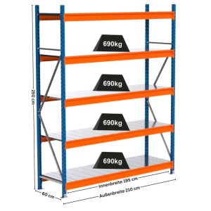 PROREGAL Industrie Weitspannregal Lagerregal MAXIMUS PRO Grundregal HxBxT 250x200x60cm 5 Stahlplatten-Fachboden Fachlast 690kg Blau/Orange