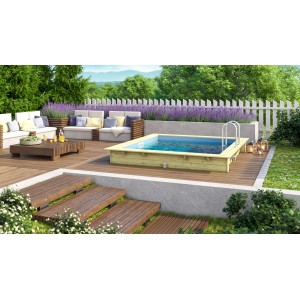 Karibu Holzpool Gr. 1 mit blauer Innenhülle und Leiter im Garten