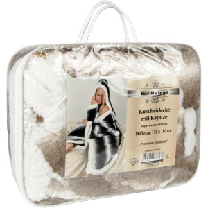 Bestlivings Kuscheldecke mit Kapuze, 130x180 cm, Braun, verpackt in transparenter Tasche.