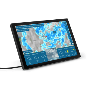 Schwarzes WetterOnline WetterDisplay mit HD+-Farbdisplay, zeigt WetterRadar, Temperatur, Zeit und 4-Tages-Prognose. WLAN-Wetterstation.