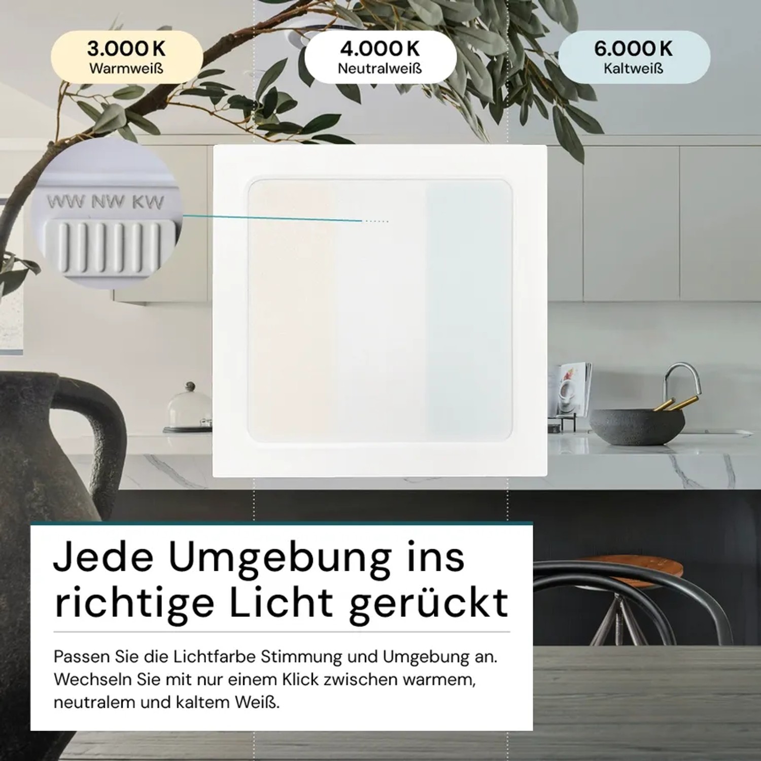 Weiße quadratische LUXULA LED Aufbauleuchte mit CCT-Funktion. Zeigt einstellbare Lichtfarben (Warm-, Neutral-, Kaltweiß) für Bad & Küche.