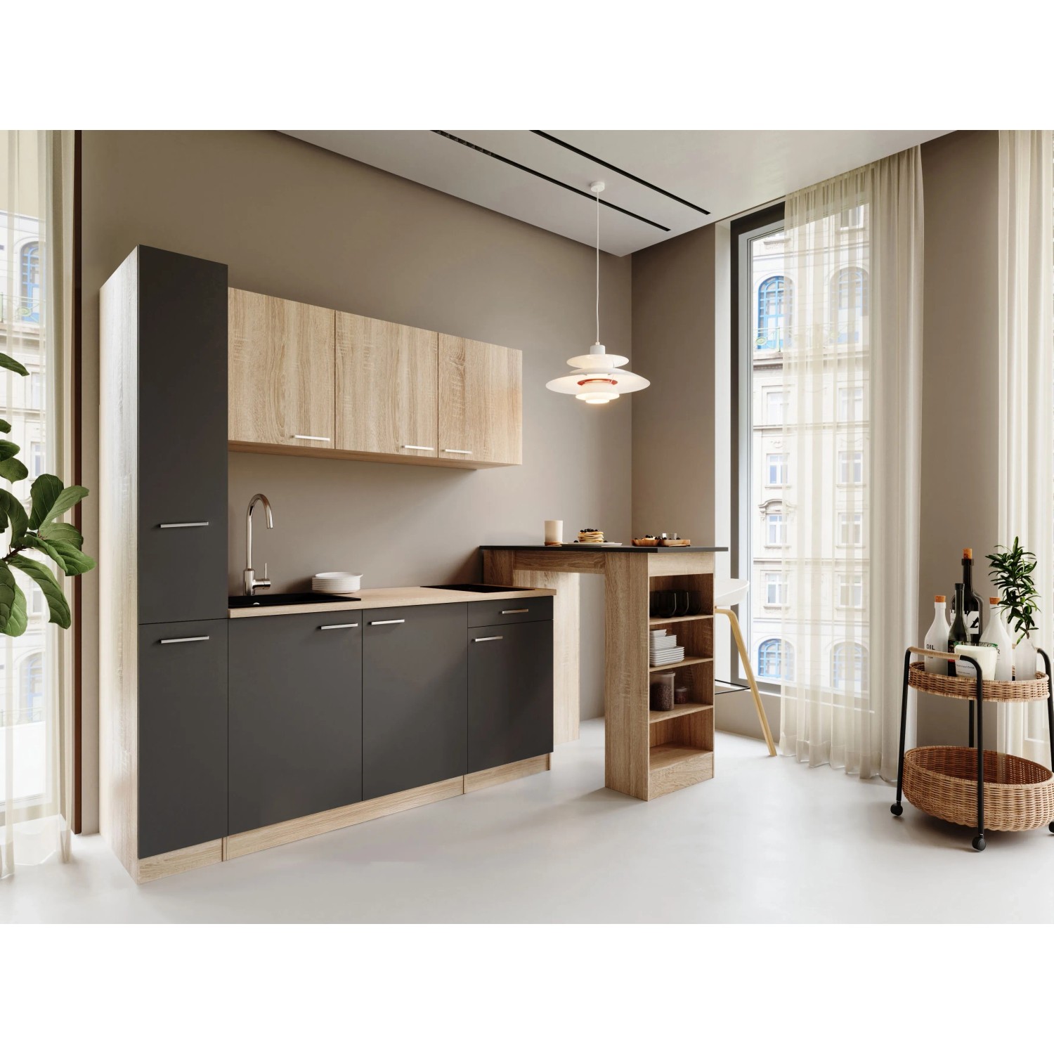Respekta Ingrid Singleküche 180 cm Grau mit Bartisch mit Apothekenschrank