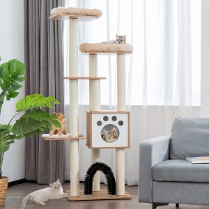 Beiger 6-stöckiger Kratzbaum aus Holz mit weichen Matten, Katzenhöhle und Sisalpfosten. Katzen klettern und ruhen.