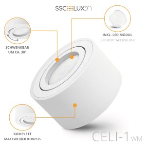Weißer, schwenkbarer LED Deckenstrahler SSC-LUXon Celi-1WM mit warmweißem Licht. Flaches, rundes Design.