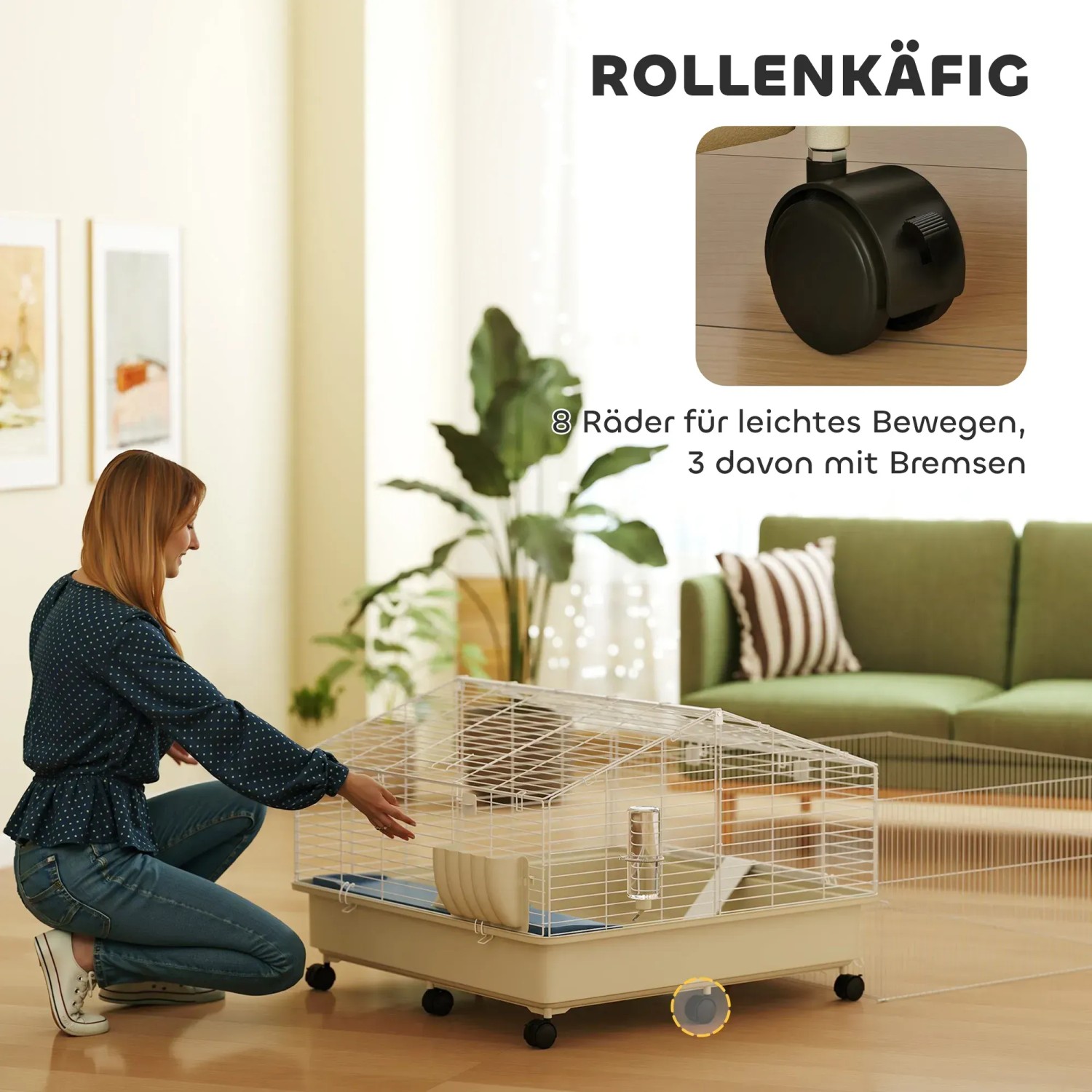 PawHut Kleintierkäfig mit Rollen, Stahl und Kunststoff, mehrfarbig. Geräumiger Käfig für Igel und Meerschweinchen.