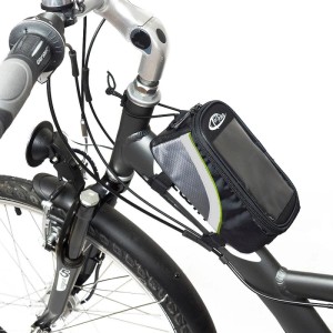 Tectake Fahrradtasche am Rahmen in Schwarz, Grau und Grün. Textile Aufbewahrung mit Touchdisplay-Fenster.