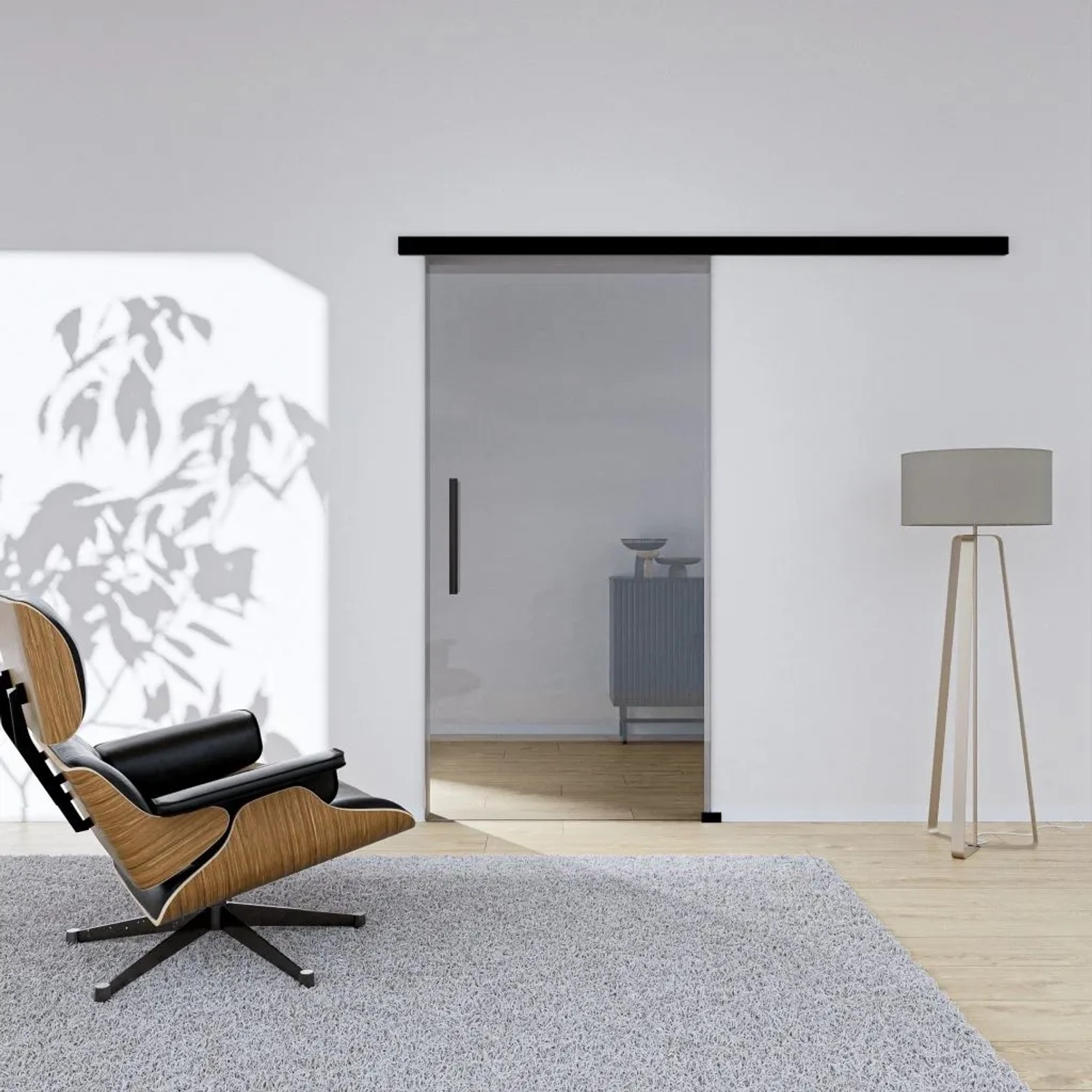 Hansaglas Glasschiebetür Klarglas 775 x 2050 mm Komplettset Schwarz Griffstange SoftClose