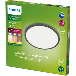 Verpackung der Philips SceneSwitch LED-Deckenleuchte, Superslim, 15W, schwarz, für Außen.