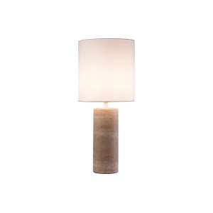 Vente-unique Zapana Tischlampe mit hellem Travertinsockel und weißem zylindrischen Schirm, 25 cm. Moderne Innenleuchte.