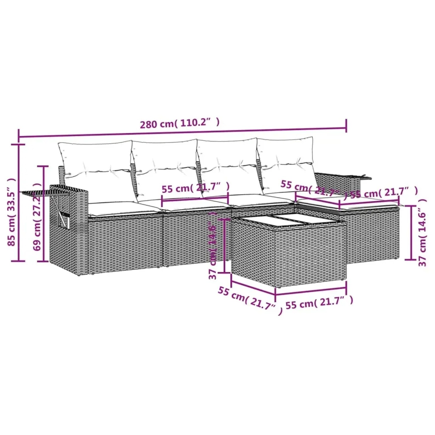 vidaXL 6-tlg. Garten-Sofagarnitur aus Rattan, schwarz, mit Maßen. Ideal für Terrasse und Garten.