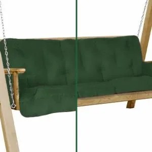 Dunkelgrüne Beautissu Hollywoodschaukelauflage auf Holzschaukel. Dick gepolstertes Sitzkissen für 3-Sitzer Gartenmöbel.