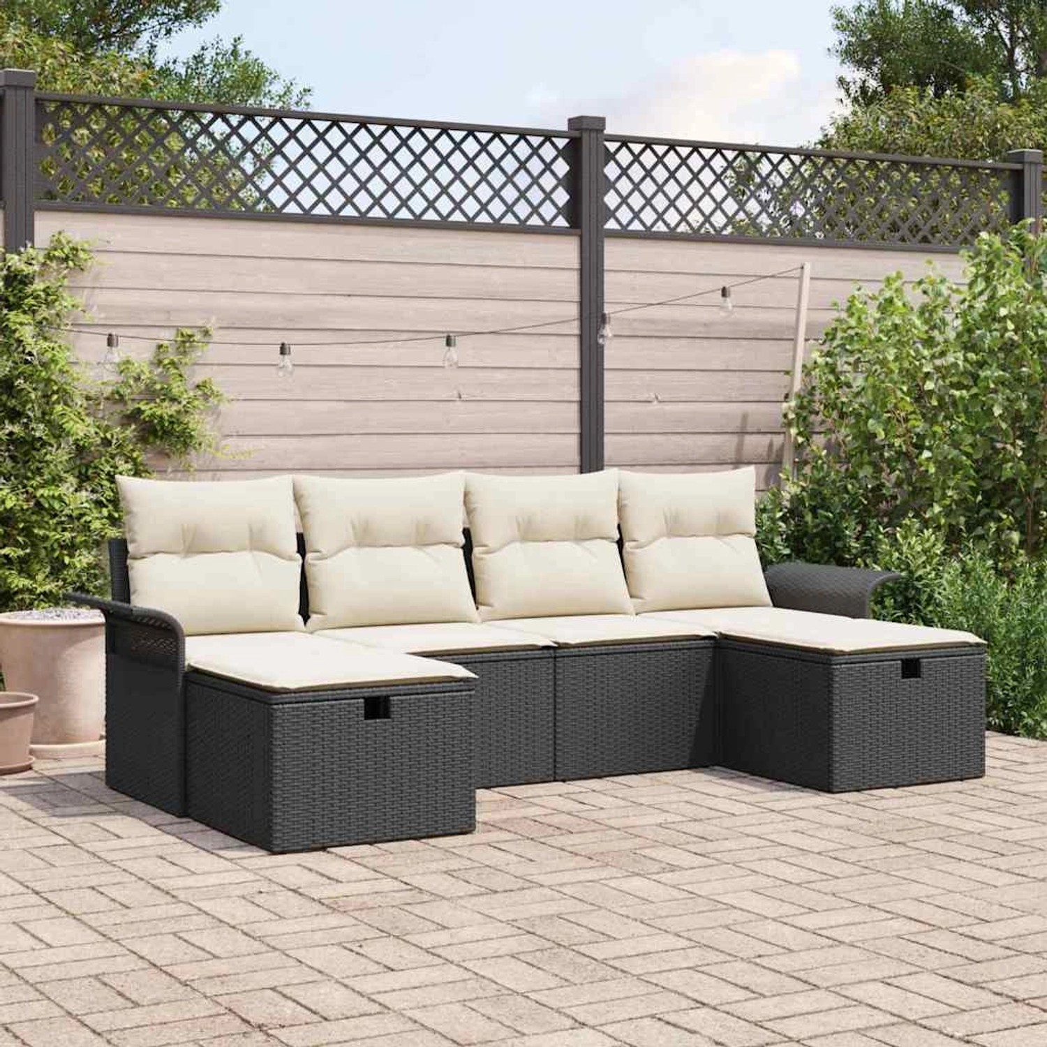 Schwarzes 6-tlg. vidaXL Garten-Sofa-Set aus Poly Rattan mit Kissen für Garten oder Terrasse.