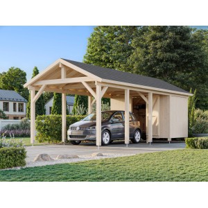Palmako Carport Robert mit Geräteraum aus naturbelassenem Holz mit Auto. FSC®-zertifiziert.