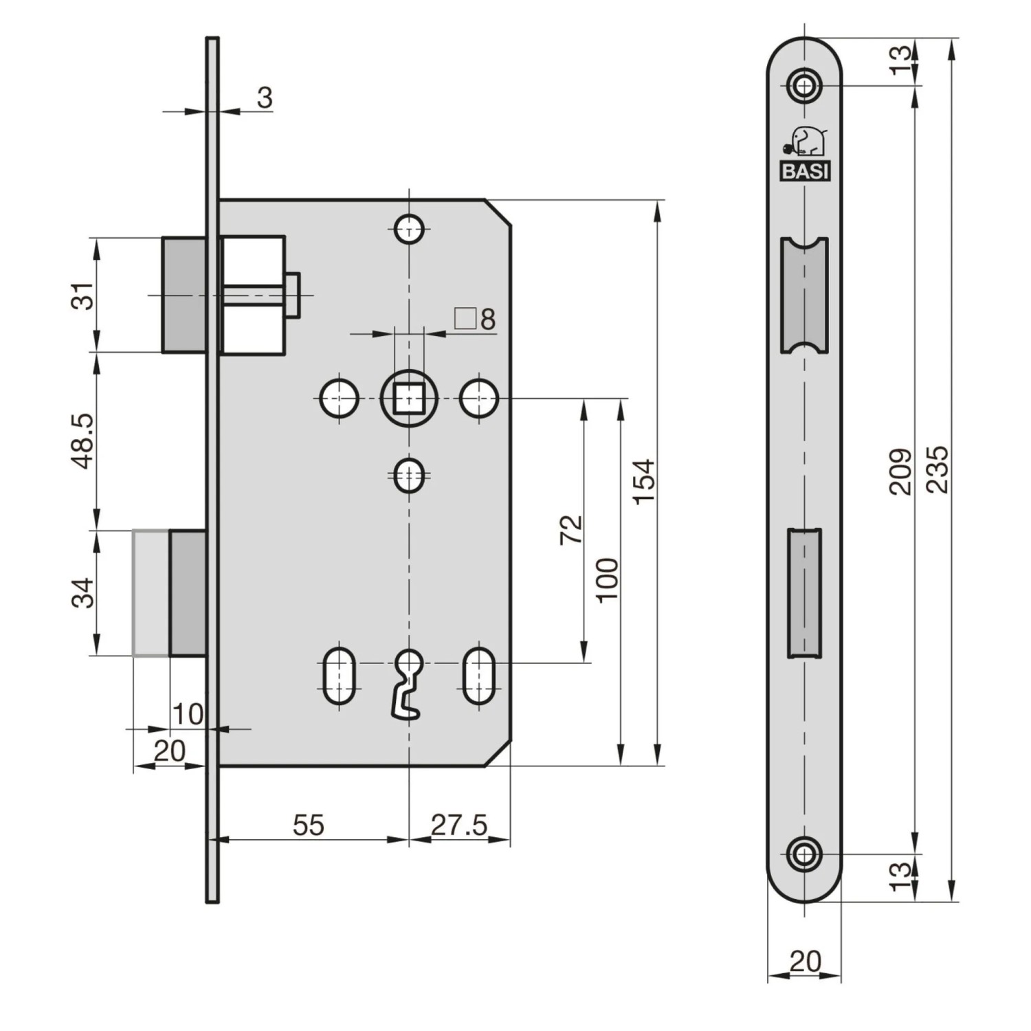 Technische Zeichnung BASI Zimmertürschloss ES 927, Maße und Details für Montage.
