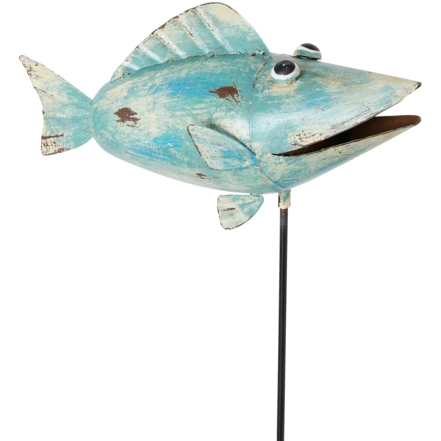 Gartenstab Garden Jogi: Deko-Fisch aus Eisen in Blau- und Cremetönen, Shabby Chic.