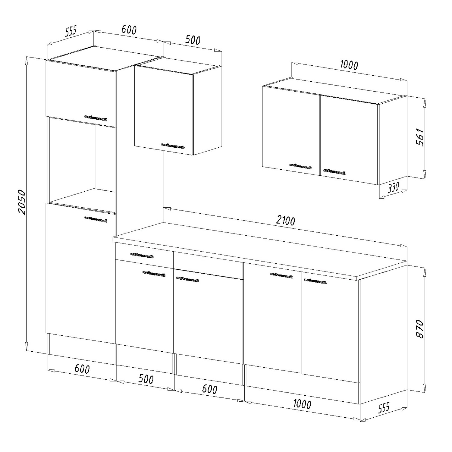 Skizze der Respekta Küchenzeile KB270EYG, 270 cm, Grau Seidenglanz/Eiche York Nachbildung, mit Maßen.