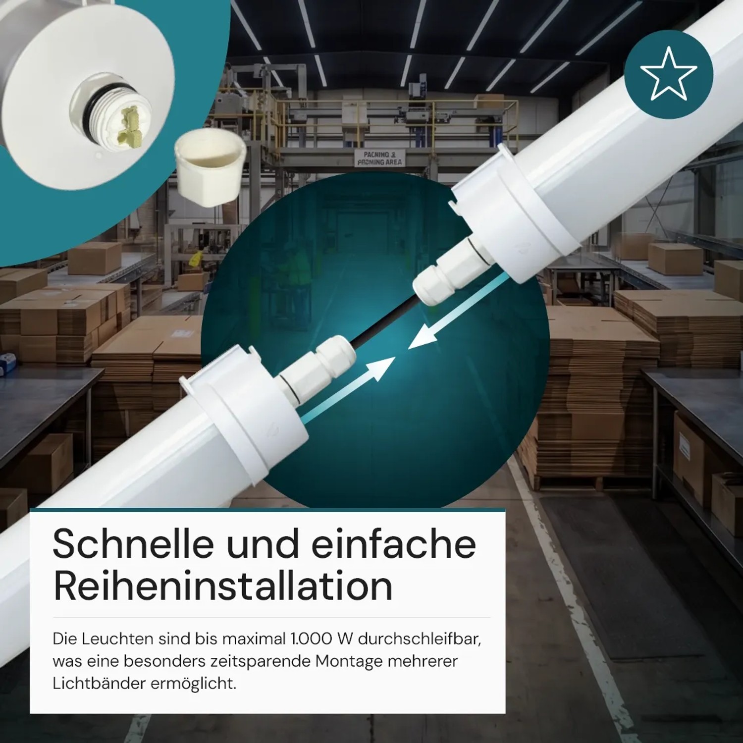 Zwei weiße LUXULA LED Feuchtraumleuchten verbunden, Detail des Steckers. Schnelle Reiheninstallation für Werkstatt, Lager.