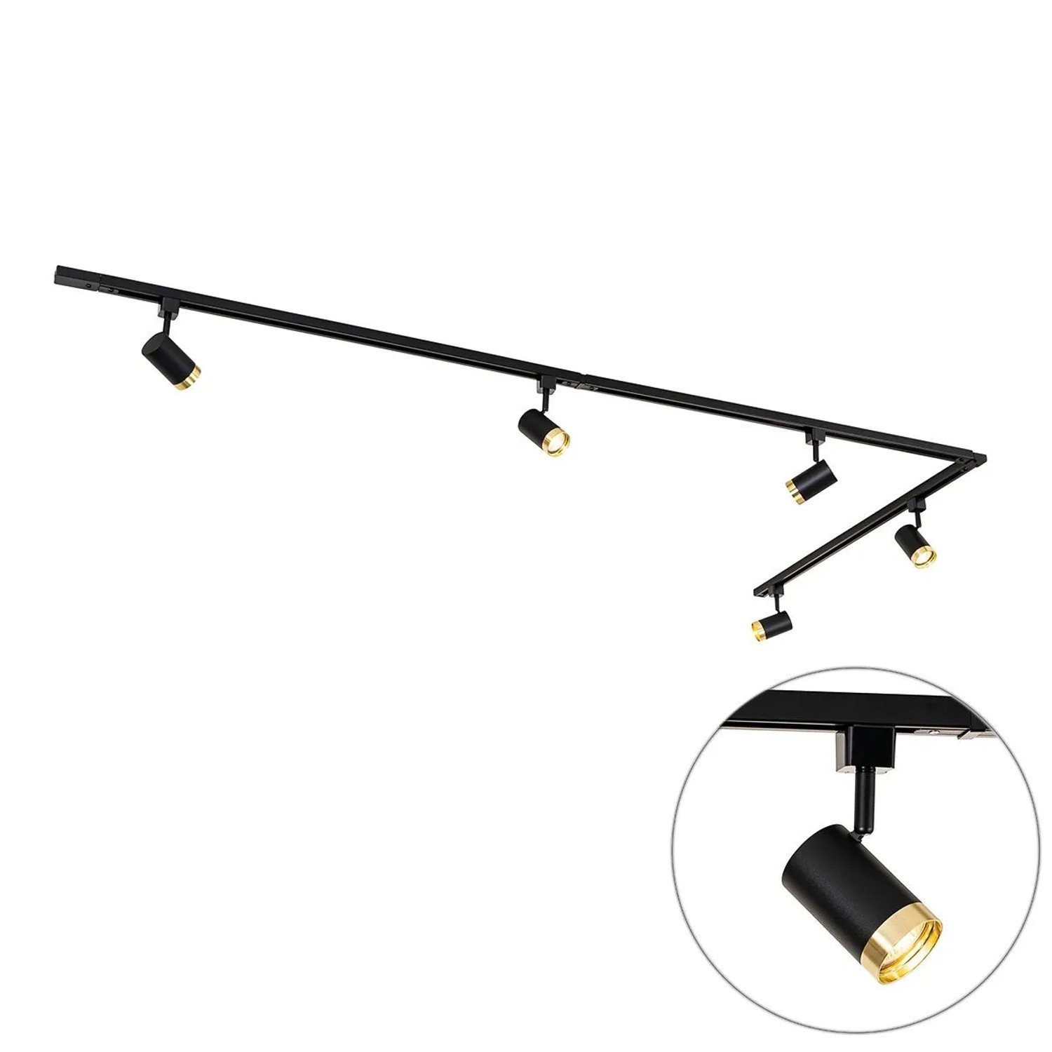 QAZQA 1-Phasen-Schienensystem mit 5 Spots Schwarz mit Goldring Jeana