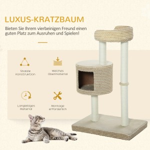 Beiger PawHut Katzenbaum mit Kratzsäulen, Liegeflächen und Katzenhöhle.