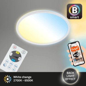 Dimmbare, weiße Brilo LED-Deckenleuchte Slim S mit Fernbedienung und App-Steuerung.