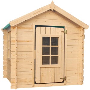 Timbela Kinderspielhaus aus Holz mit grünem Dach, 1 m² Spielfläche für Kinder.