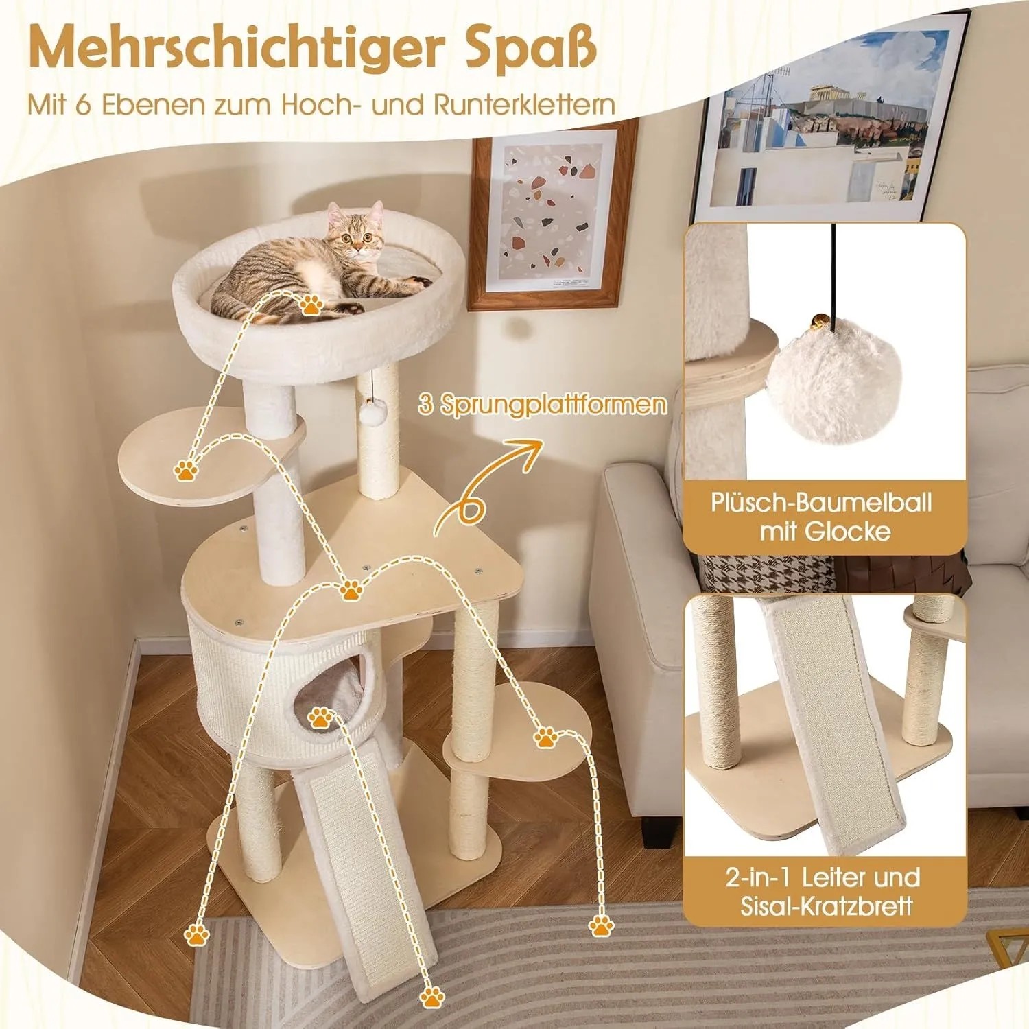 Costway Katzenmöbel Kletterbaum mit Kratztonne, 143 cm hoch, mit Liegeflächen und Spielzeug.