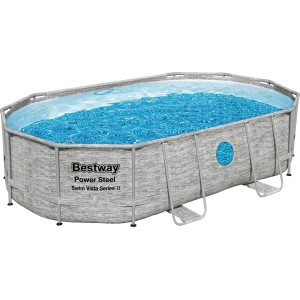 Ovaler Bestway Stahlrahmenpool Power Steel Swim Vista, grau, mit Leiter und Sandfilter.