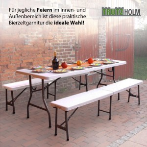 Weiße, klappbare TRUTZHOLM Bierzeltgarnitur (180x75cm) mit 2 Bänken und 1 Tisch für Feste.