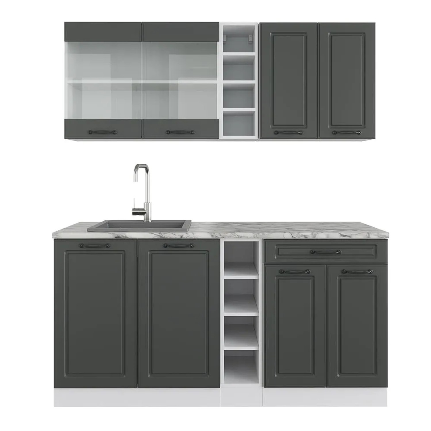 Vicco R-Line Singleküche Anthrazit Landhaus Weiß 160 cm AP Marmor ohne E-Geräte