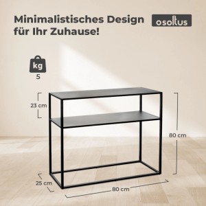 Schwarzer osoltus Cube Konsolentisch aus Stahl im Industrie Stil mit zwei Ablagen, 80x25x80 cm. Ideal für Wohnzimmer.