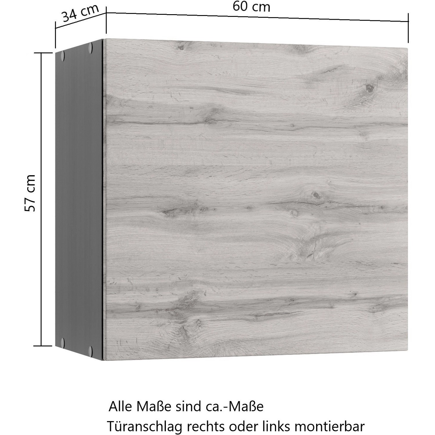 Held Möbel Küchen-Hängeschrank Turin, 60 cm, Wotaneiche/Graphit, Seitenansicht mit Maßangaben.