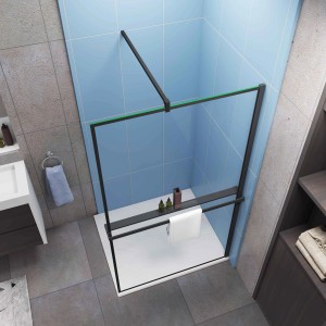 Schwarze Walk-In Duschwand 140x200cm mit Regal und Handtuchhalter. 8mm NANO Glas Duschabtrennung.