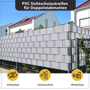 Graue Sekey PVC Sichtschutzstreifen am Doppelstabmattenzaun für mehr Privatsphäre im Garten.