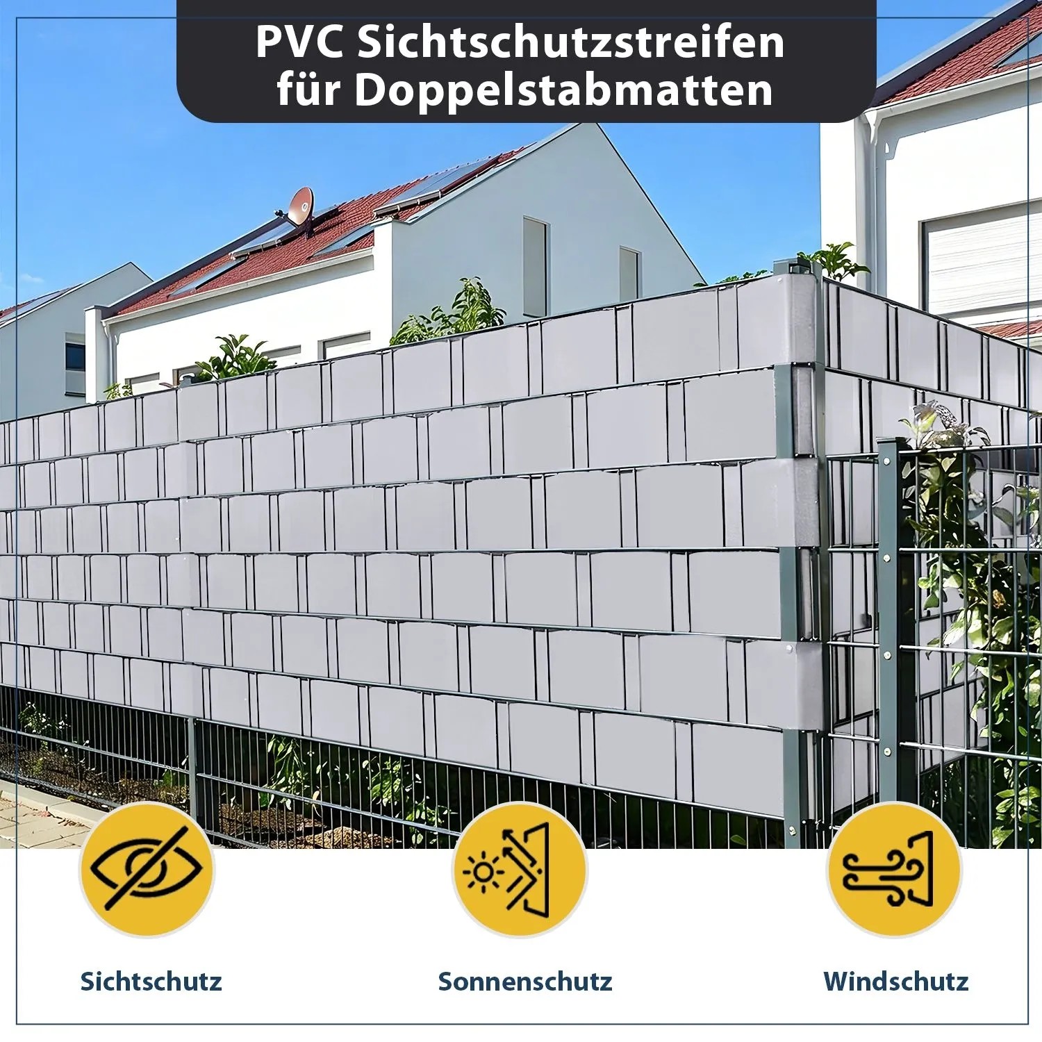 Graue Sekey PVC Sichtschutzstreifen am Doppelstabmattenzaun für mehr Privatsphäre im Garten.