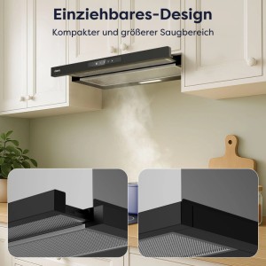 Schwarze CIARRA Flachschirmhaube 60 cm unter Küchenschrank, ausziehbar, mit LED-Licht und Touch-Bedienung, saugt Kochdunst ab.