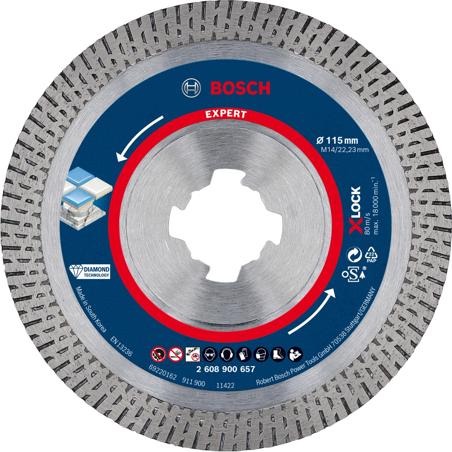 Bosch Expert Diamanttrennscheibe X-Lock, 115mm, für Winkelschleifer, zum Schneiden von Hartkeramikfliesen.