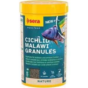 Sera Granugreen Nature Fischfutter für Cichliden, 250ml Dose mit Granulat und Fisch-Abbildung.
