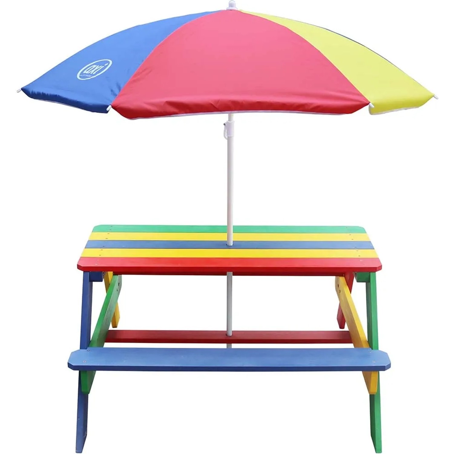 Axi Nick Picknicktisch Regenbogen mit Sonnenschirm, farbenfroher Kindertisch für Spiel & Spaß im Garten.